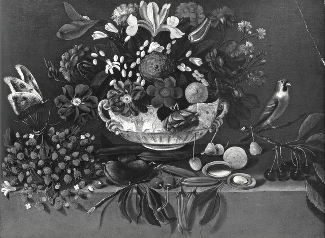 Anonimo — Maestro della natura morta di Hartford - sec. XVI - Natura morta con frutta, coppa con fiori, farfalla e uccello — insieme